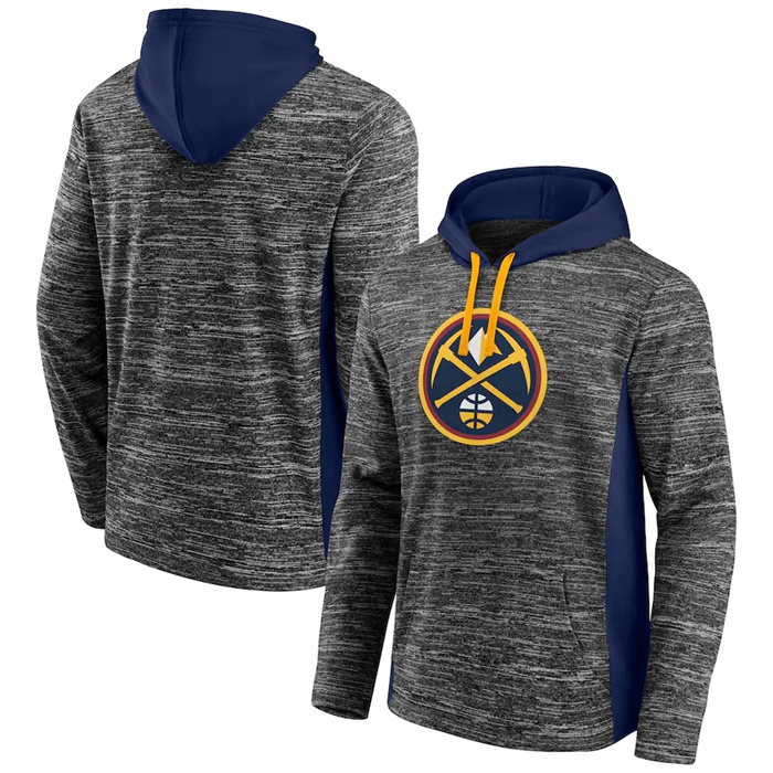 Men's Navy Denver Nuggets Heathered Charcoal Instant Replay Color Block Pullover Hoodie
